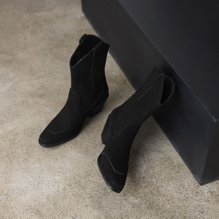 Suede Calf Square Block Mid Panel Heel Faux Toe Boots