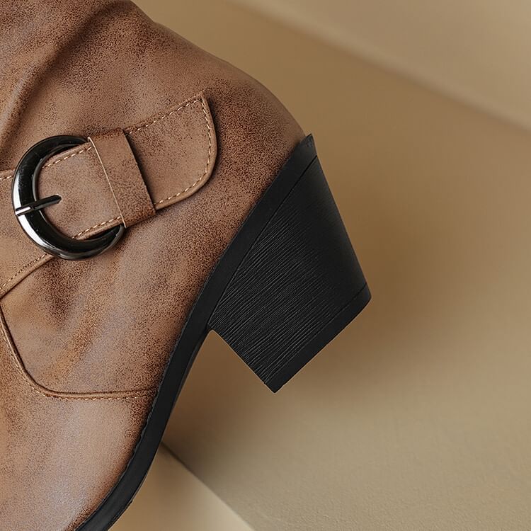 High Knee Boots Toe Block Buckled Heel Square