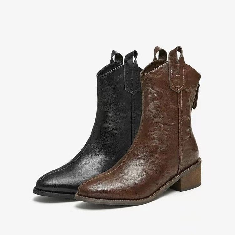 Chunky Boots Heel Mid-Calf Pointed