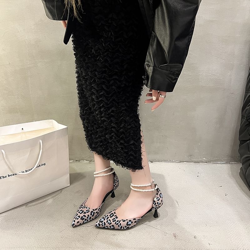 Pointed Print Leopard Strap Sandals Kitten Heel Ankle