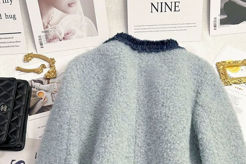 Round Boucle Denim Panel Neck Jacket Button