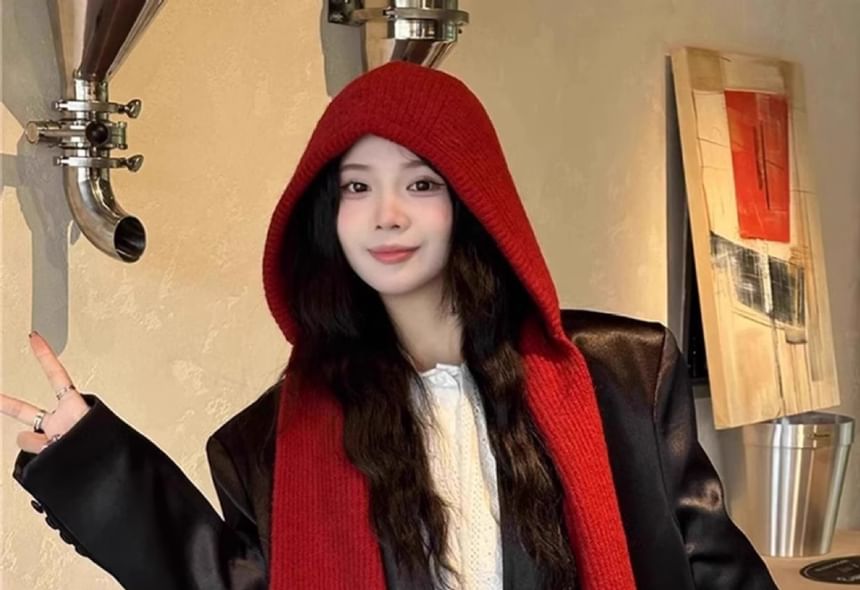 Knit Hooded Scarf Plain