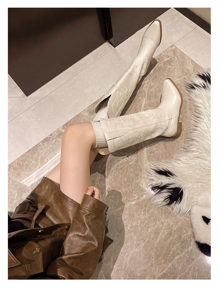 Faux Boots Leather Heel Cowboy Chunky