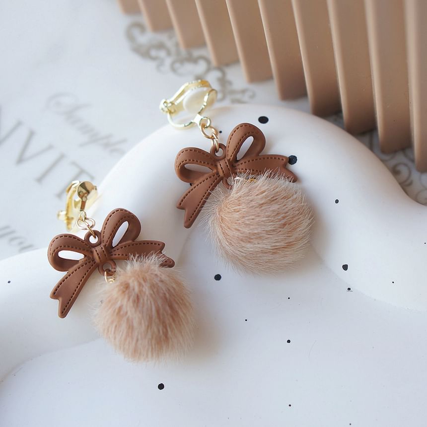On Clip Bow Drop Pom / Earring