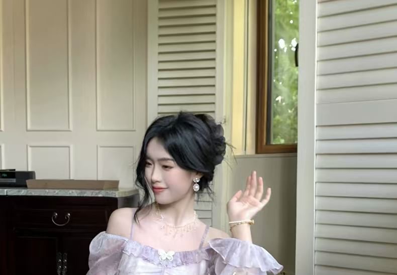 Dye Cold Tie Ruffle Maxi Dress Butterfly A-Line Accent Long-Sleeve Shoulder Trim