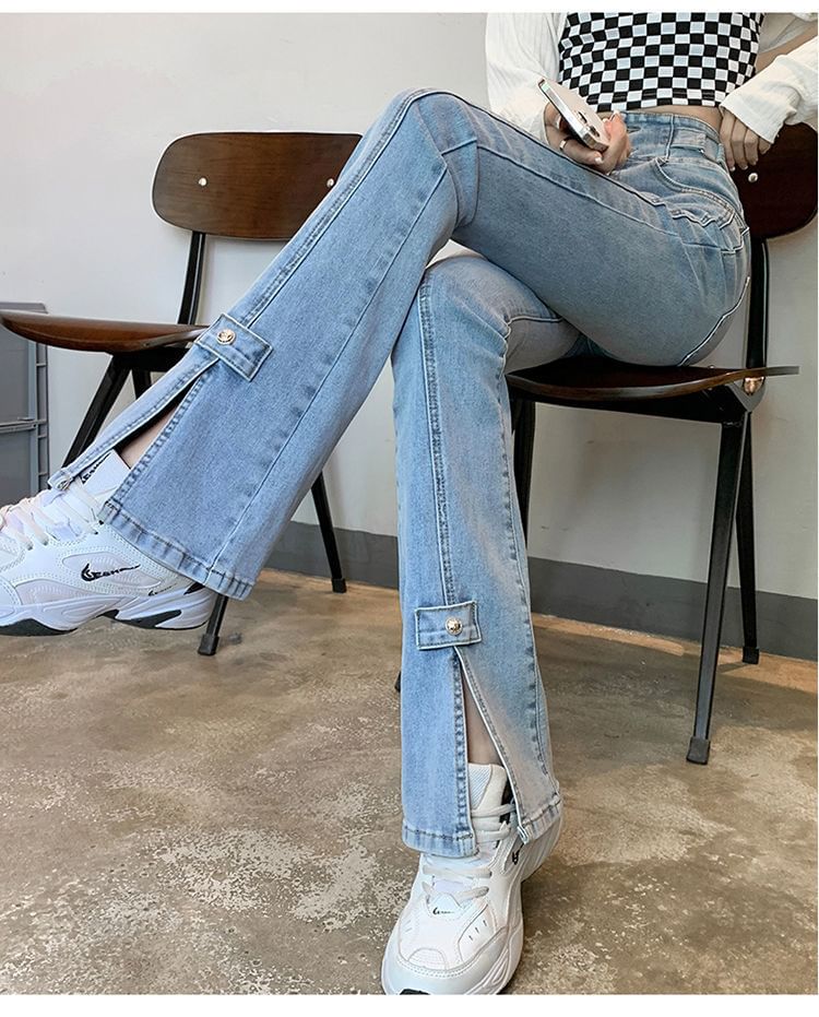 High Waist Jeans Flared Hem Slit