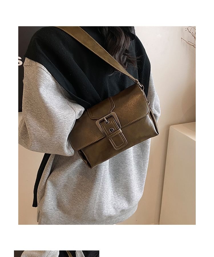 Faux Buckled Leather Plain Flap Bag Crossbody