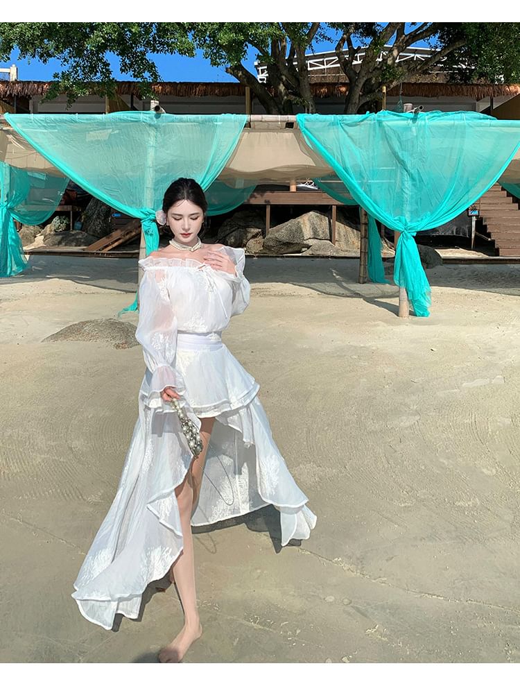 A-Line Plain Low High Dress Off-The-Shoulder Long-Sleeve Maxi Ruffle