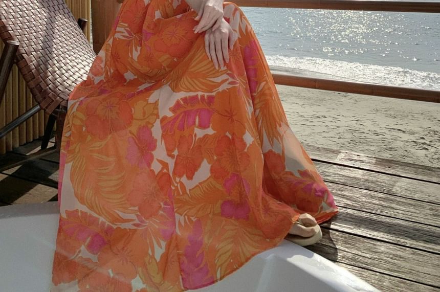 Strap V-Neck A-Line Floral Maxi Print Dress Spaghetti