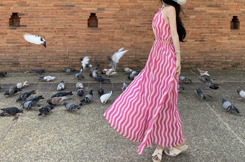 Dress Striped Halter Neck A-Line Maxi Wave Sleeveless