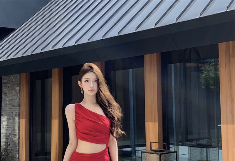 One A-Line Plain Maxi Ruched Sleeveless Shoulder Dress