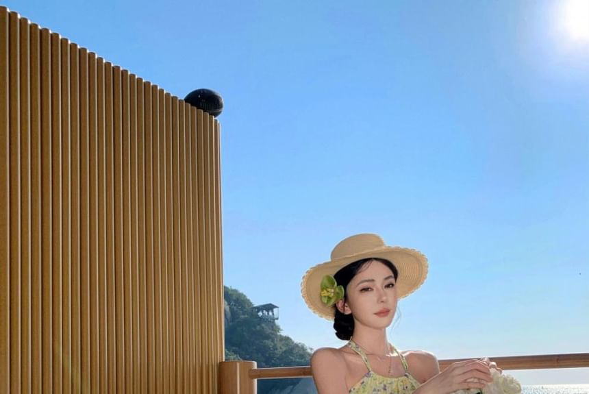 Midi Print Dress Neck Halter A-Line Flower