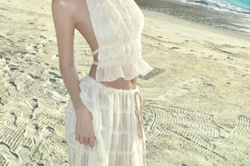 Top Maxi Rise + Halter Plain High Crop Neck Skirt Cami A-Line Set: