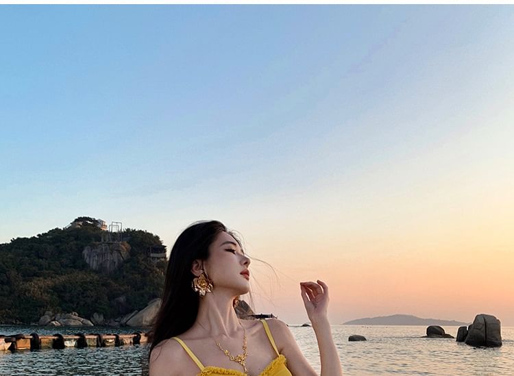 Dress Bodycon Hem Maxi Spaghetti V-Neck Ruffle Plain Strap