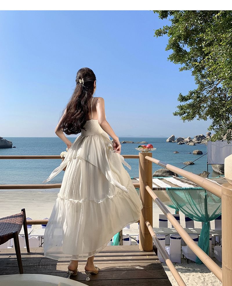 Plain A-Line Maxi Ruffle Strap Trim V-Neck Spaghetti Dress