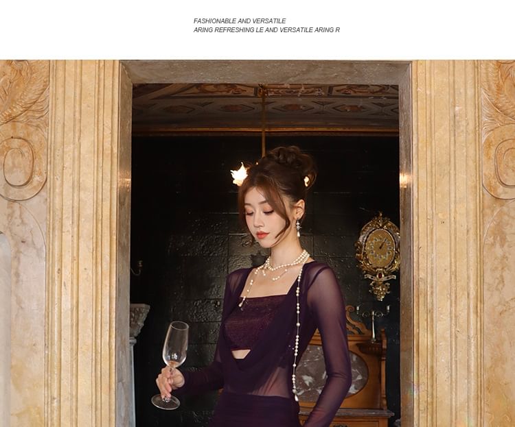 Long Neck Dress Panel Bodycon Sequined Plain Cowl Sleeve Maxi