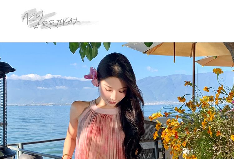 Tie Maxi Dye Neck A-Line Crew Sleeveless Dress Pleated