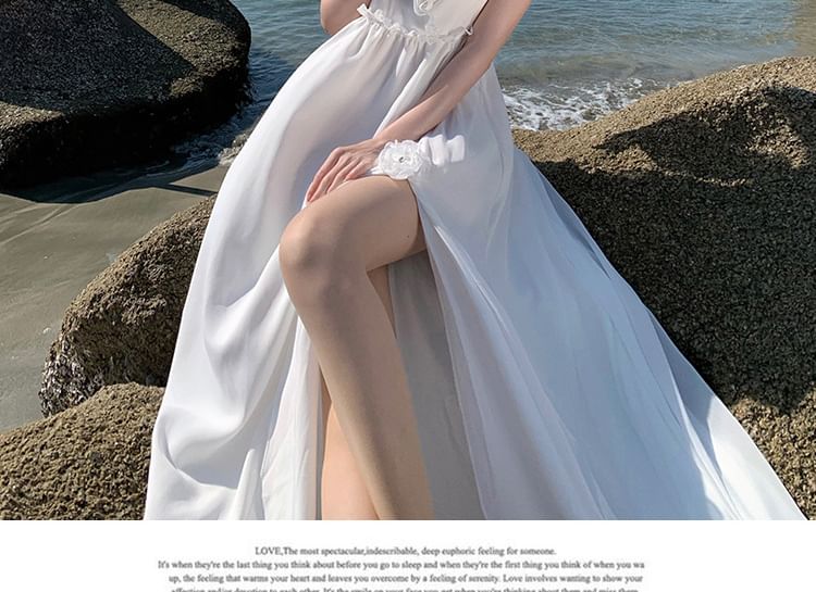 Plain V-Neck Maxi Dress A-Line Sleeveless Slit