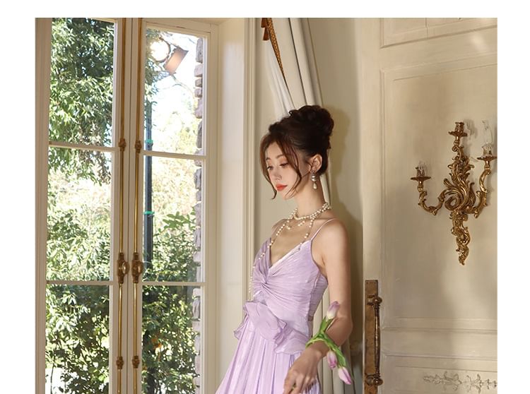 A-Line Ruffle Trim Dress V-Neck Plain Maxi Spaghetti Strap