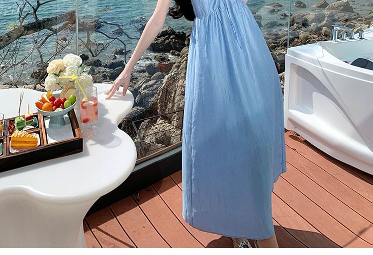 Ruched V-Neck Maxi Dress Strap Plain Spaghetti A-Line