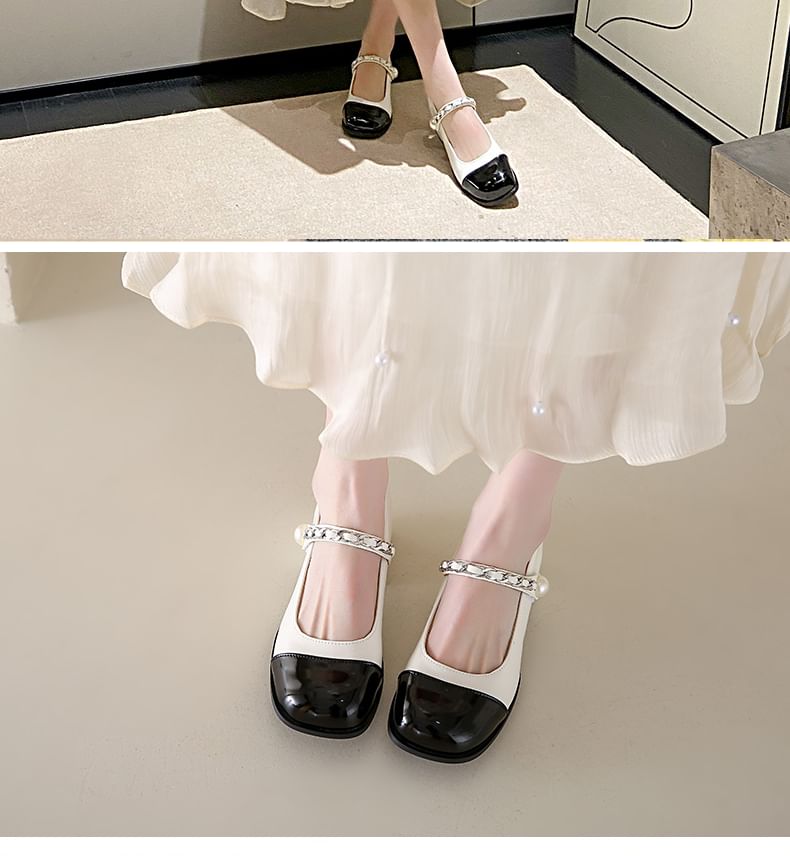 Accent Cap Toe Pearl Mary Faux Pumps Heel Chunky Jane