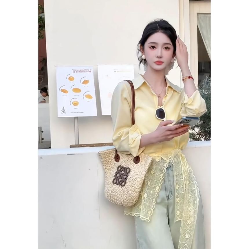 Plain Panel Shirt Sleeve Long Lace Collared Trim