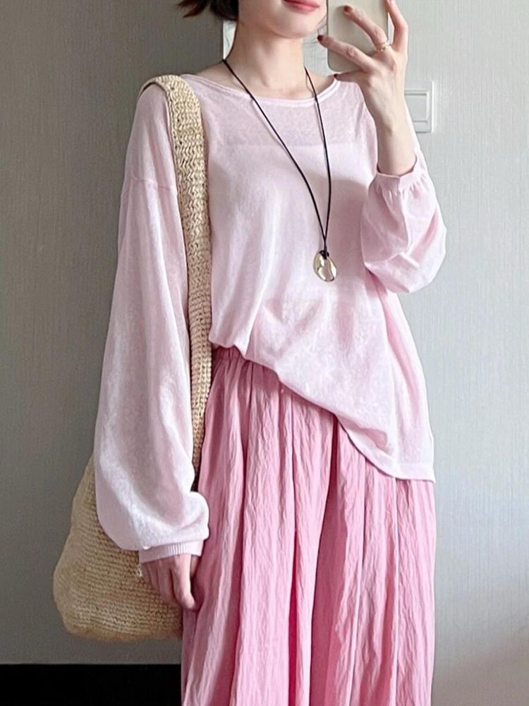 Plain Round Long-Sleeve Top Neck