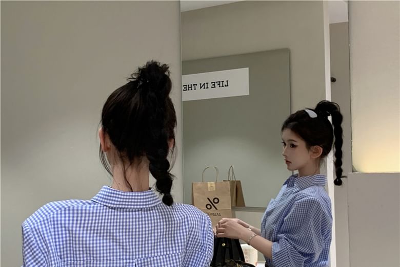 Dress Pocket Henley Hem Front Mini Long-Sleeve Plaid Pleated Shirt