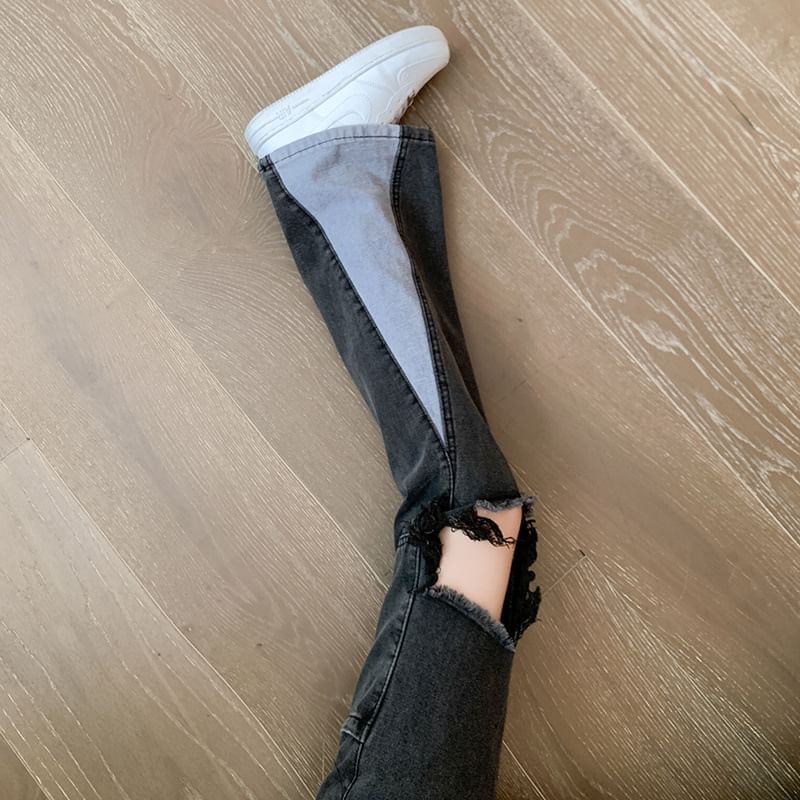 Distressed Washed Jeans Flared High Panel Waist