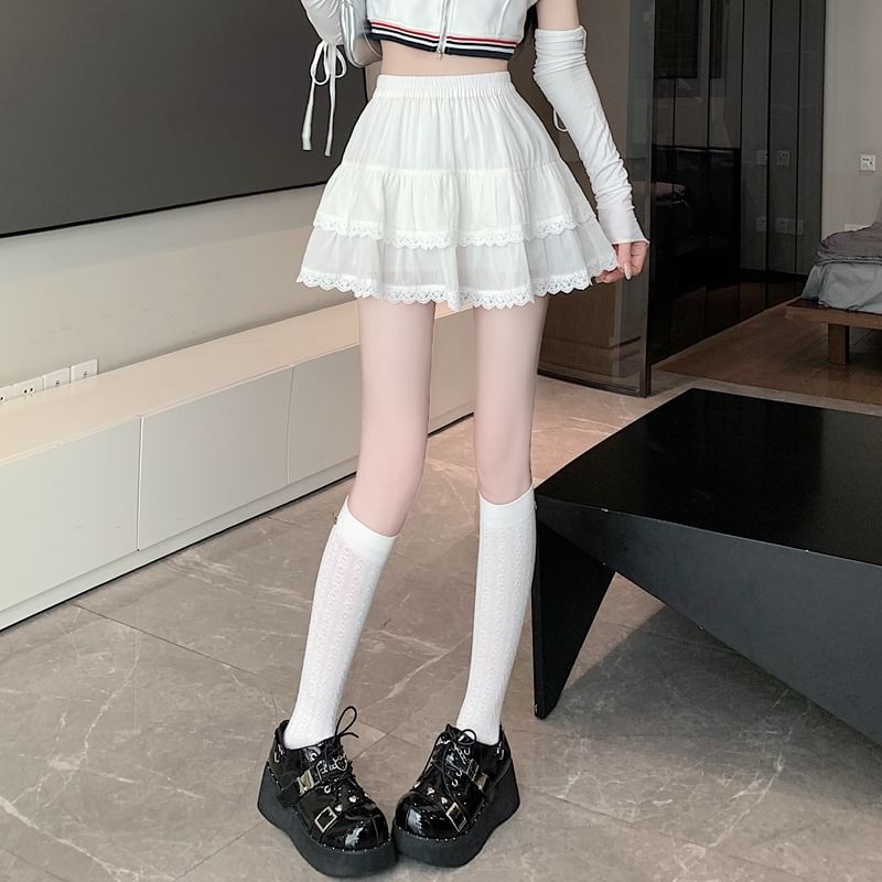 Balletcore Trim Tiered Mini Elastic Skirt Waist Lace Plain A-Line