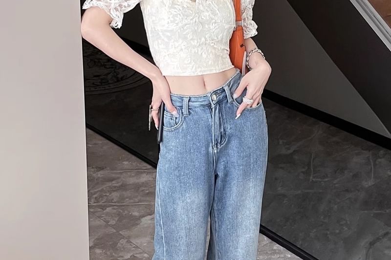 Top Lace Trim Off-The-Shoulder Ruffle Short-Sleeve Crop