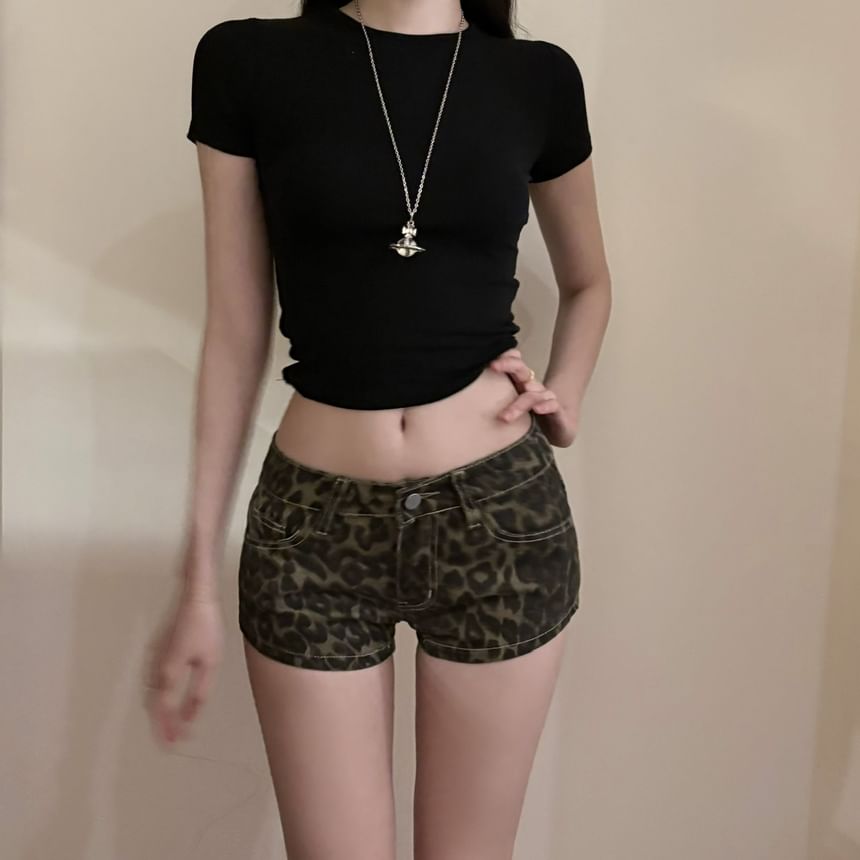 Print Leopard Rise Denim Hot Pants Low