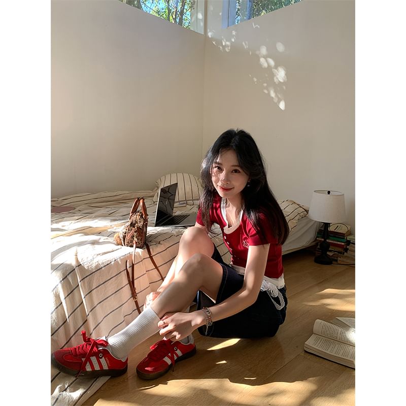 Square Two-Piece Neck Short-Sleeve Top Crop Mock