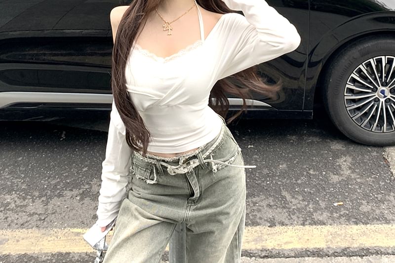 T-Shirt Plain Top Set: + Camisole Open Slim V-Neck Back Halter Crop Fit Long-Sleeve