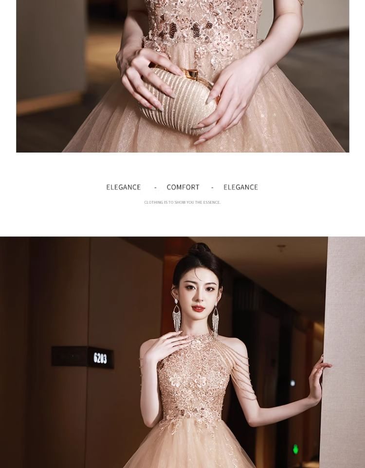 Layered Neck Gown Halter A-Line Sequin Evening Floral Fringed