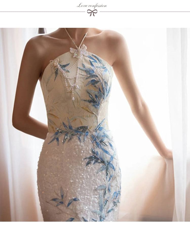 Embroidered Neck Bamboo Slit Evening Sequin Halter Mermaid Dress