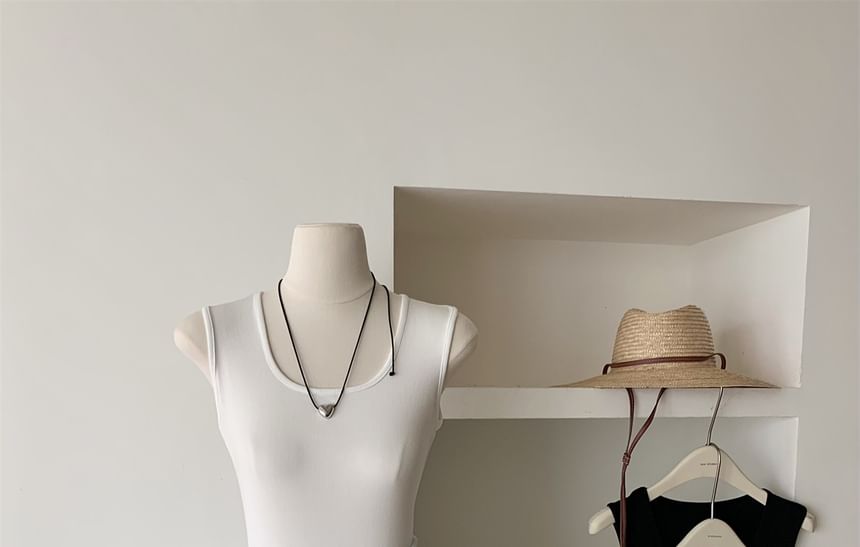 Ribbed Mini Plain Neck Scoop Sleeveless A-Line Dress