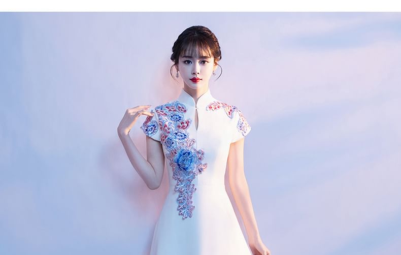 Short-Sleeve Stand Collar Floral Embroidered A-Line Evening Gown