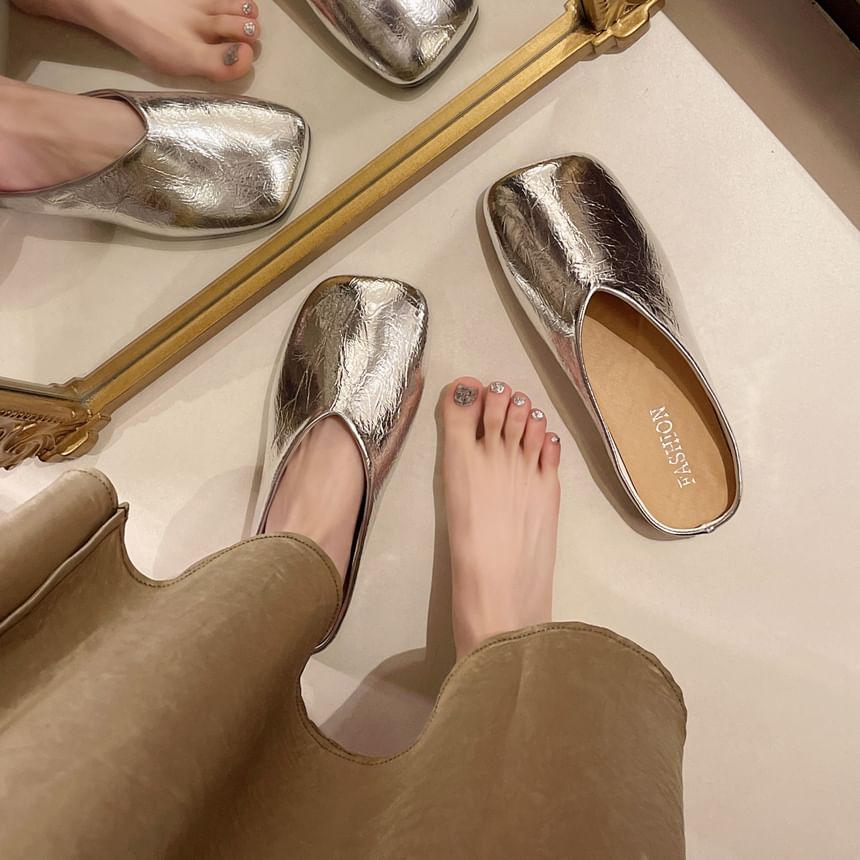 Toe Metallic Leather Faux Mules Square