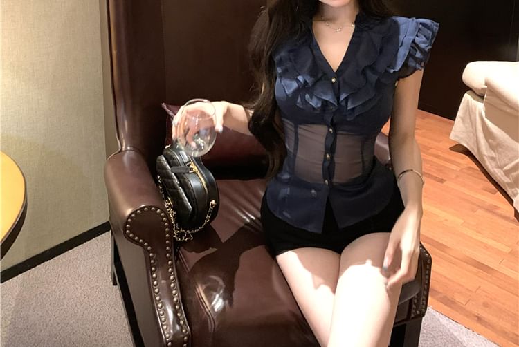 Slim Blouse Plain Fit Ruffle Trim Cap-Sleeve