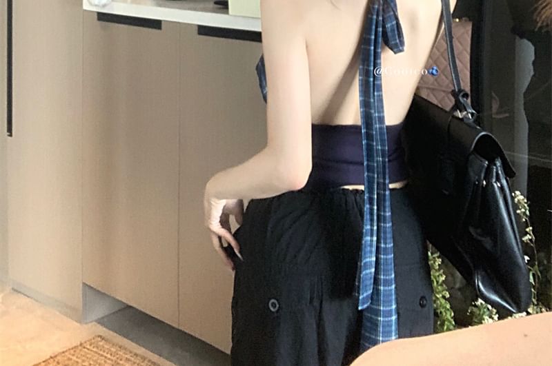 Crop Neck Plaid Back Cowl Open Panel Halter Top