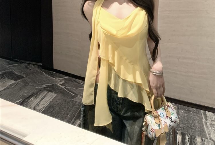 Set: Camisole Plain + Scarf Asymmetrical Hem Ruffle Crop Top V-Neck
