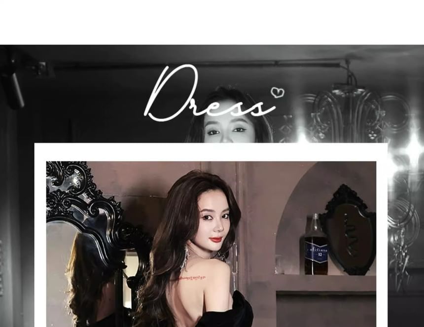 Velvet Sequined Tasseled Evening Gown Off-Shoulder A-Line Panel