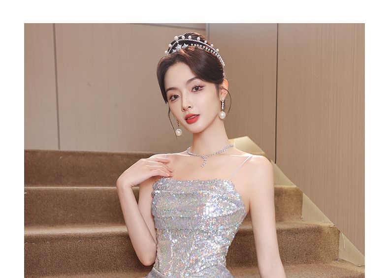 Spaghetti A-Line Evening Gown Strap Sequined