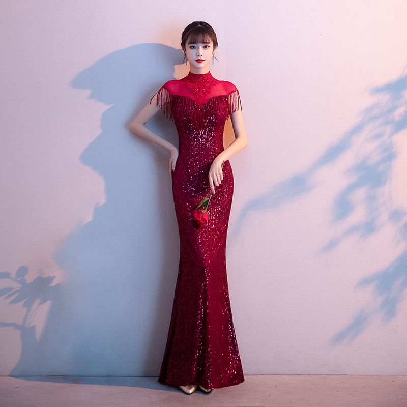 Short-Sleeve High Neck Fringe Sequined Mermaid Evening Gown