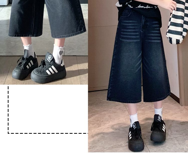 Wide High Leg Capri Waist Washed Jeans