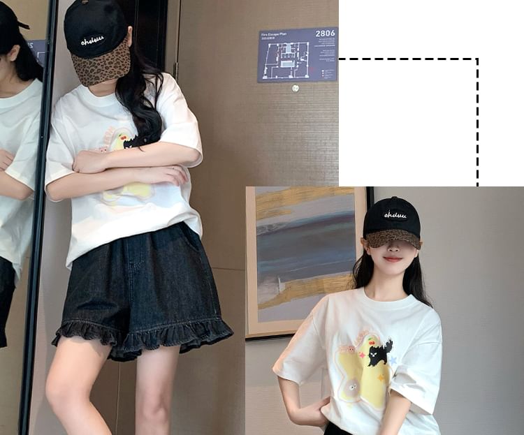 Ruffle Shorts Trim Elastic Denim Waist