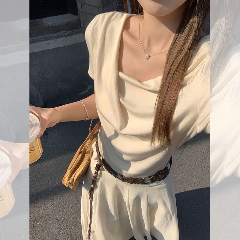 Slim Ruched Fit Plain Neck T-Shirt Cowl Short-Sleeve
