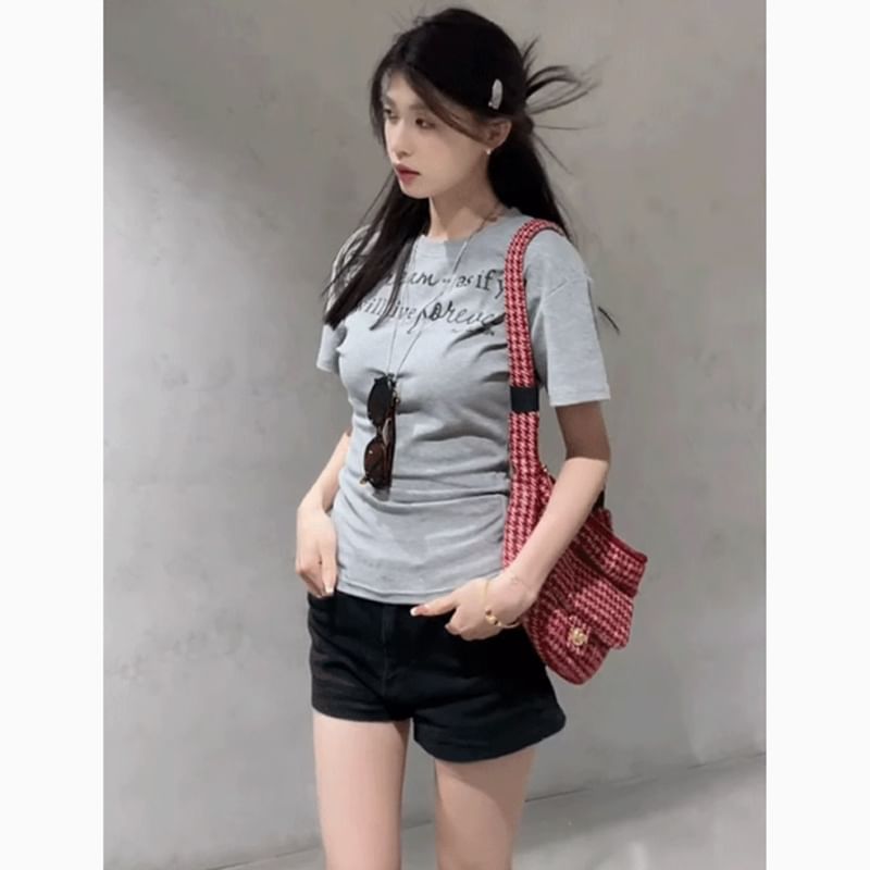 Neck T-Shirt Short-Sleeve Slim Lettering Crew Fit