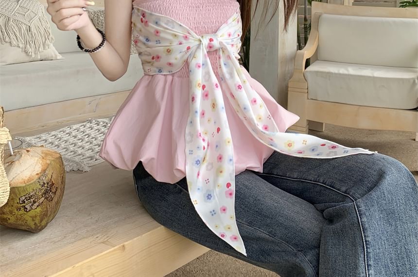 Floral Top Peplum Tube Bow